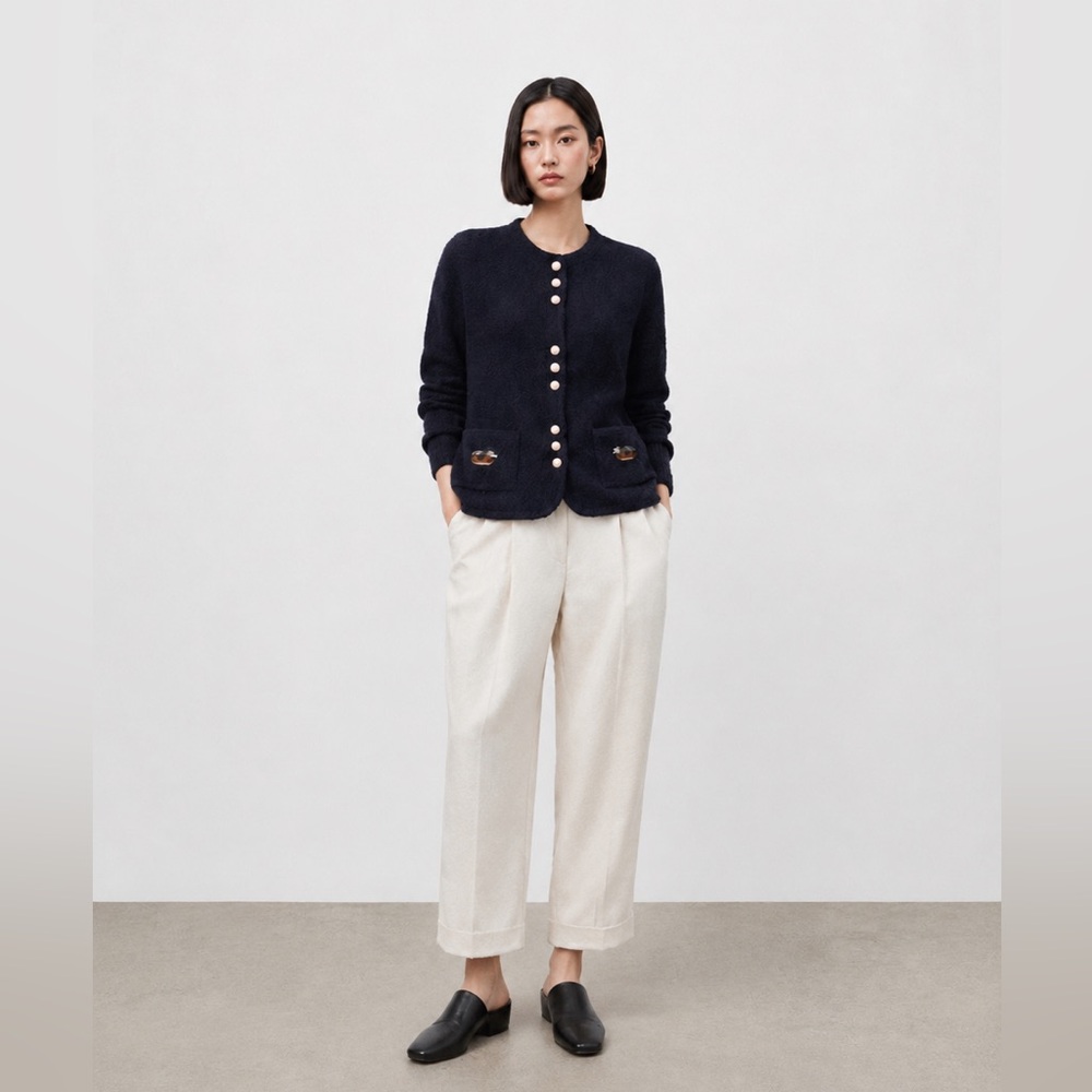 VINTAGE - Navy blue Wool Cardigan with Duck figures embroidered